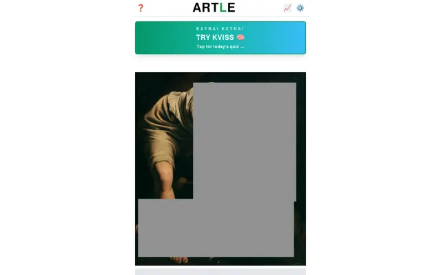 Artle's daily puzzle: the day's painting, a figure in a brown robe, mostly hidden under grey blocks that lift with each guess, below the ARTLE title