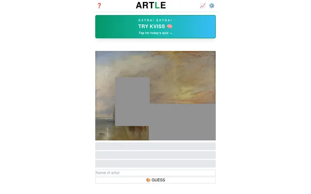 Artle's daily board on 19 Oct 2026: a hazy Turner seascape partly hidden under grey blocks, three empty guess rows and the Name of artist box below