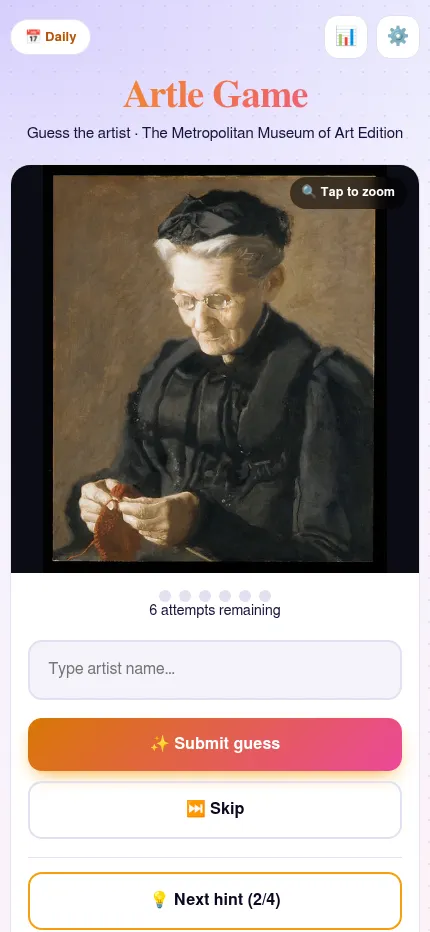Artle Game at phone size in Daily mode: the day's portrait above the artist name box, Submit guess, Skip and the hint button