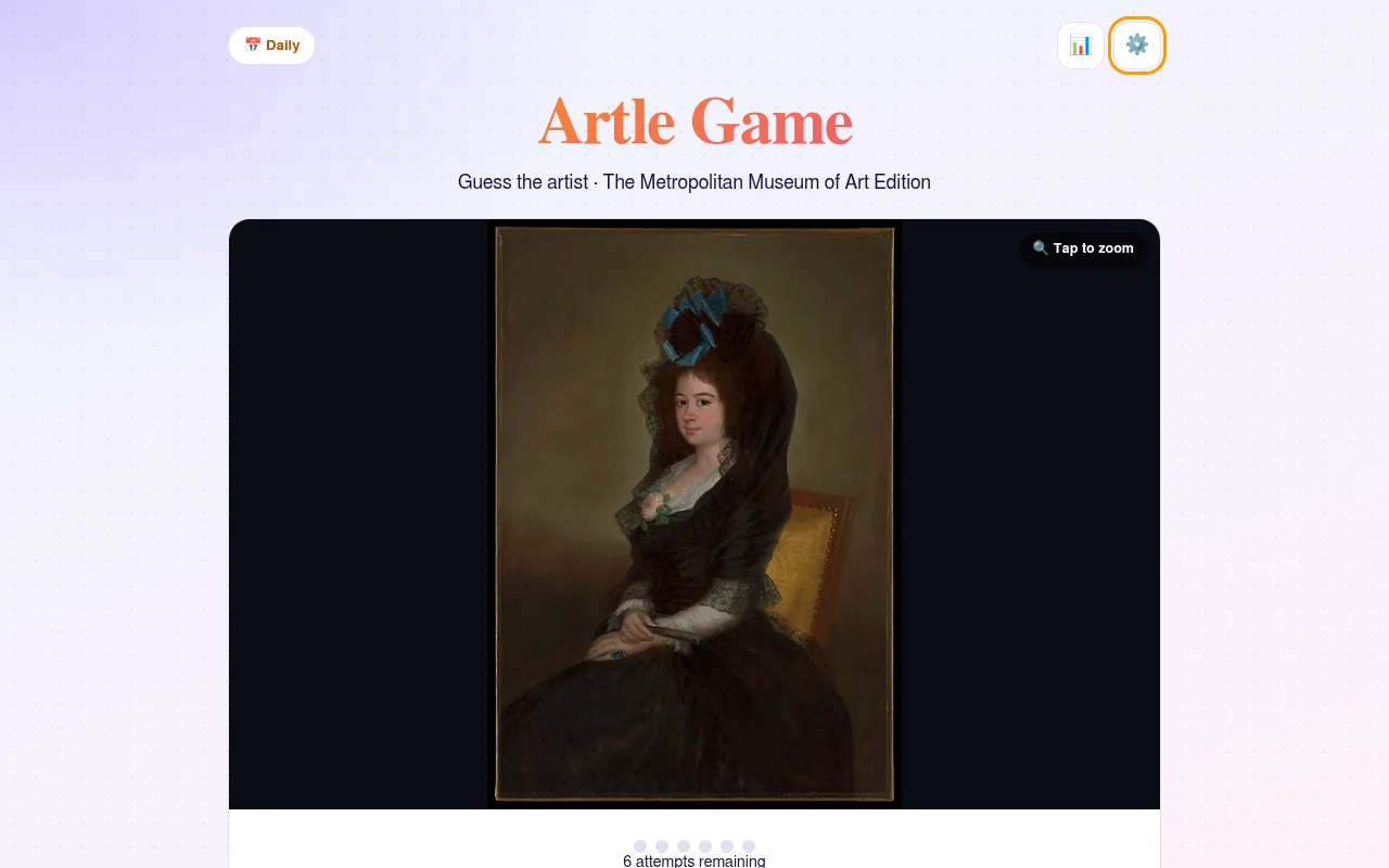 Artle Game in Daily mode showing a portrait of a woman in a black lace mantilla from The Met, with six attempts remaining