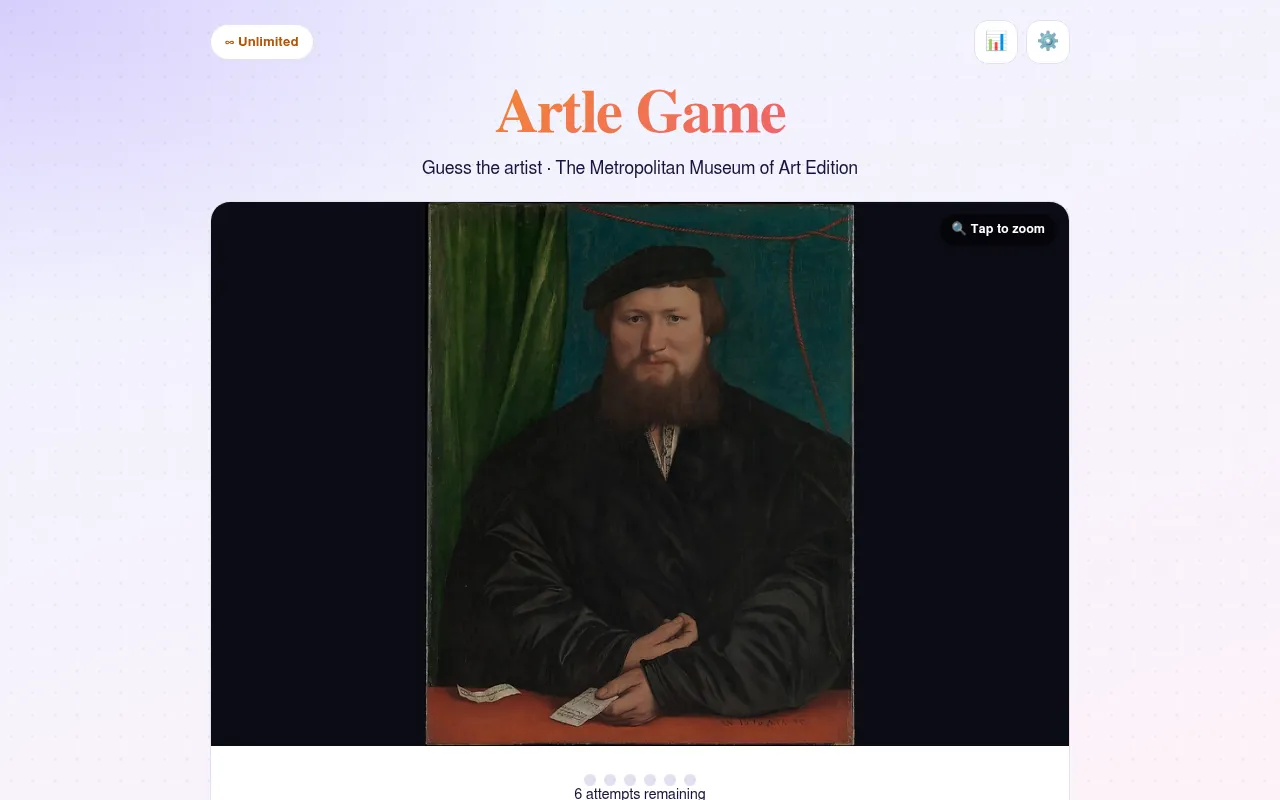 Artle Game in Unlimited mode showing a portrait of a bearded man in a black cap against a green curtain