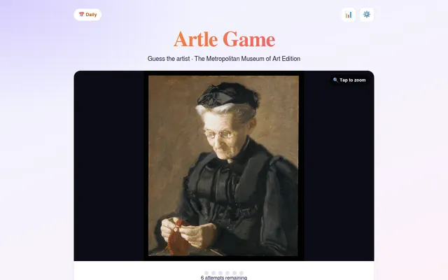 Artle Game in Daily mode on 22 October 2026: a portrait of an elderly woman in black knitting red yarn, from The Met, with six attempts left