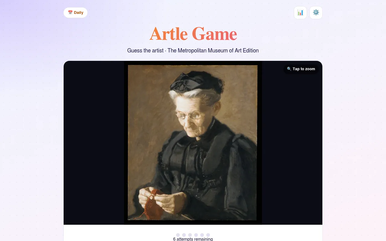 Artle Game in Daily mode on 22 October 2026: a portrait of an elderly woman in black knitting red yarn, from The Met, with six attempts left