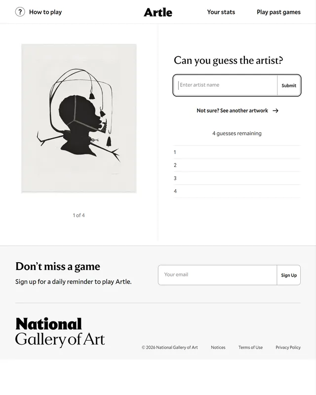 Artle's daily screen: a black silhouette print by the day's artist beside the guess box, with four guesses remaining