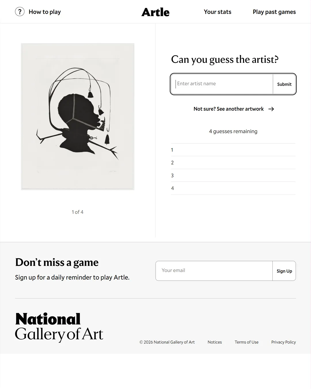 Artle's daily screen: a black silhouette print by the day's artist beside the guess box, with four guesses remaining
