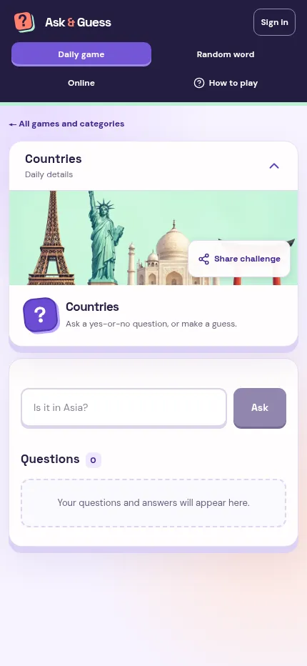 The Ask and Guess Countries daily challenge on a phone, with the question box and the questions list