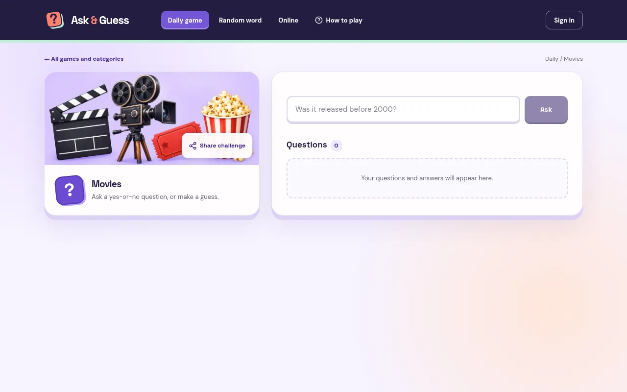 The Ask and Guess Movies daily challenge before the first question, with the question box, the Ask button and the empty questions list