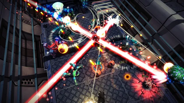 Top-down arena fight with an android firing through crossing red laser beams and swarms of robots