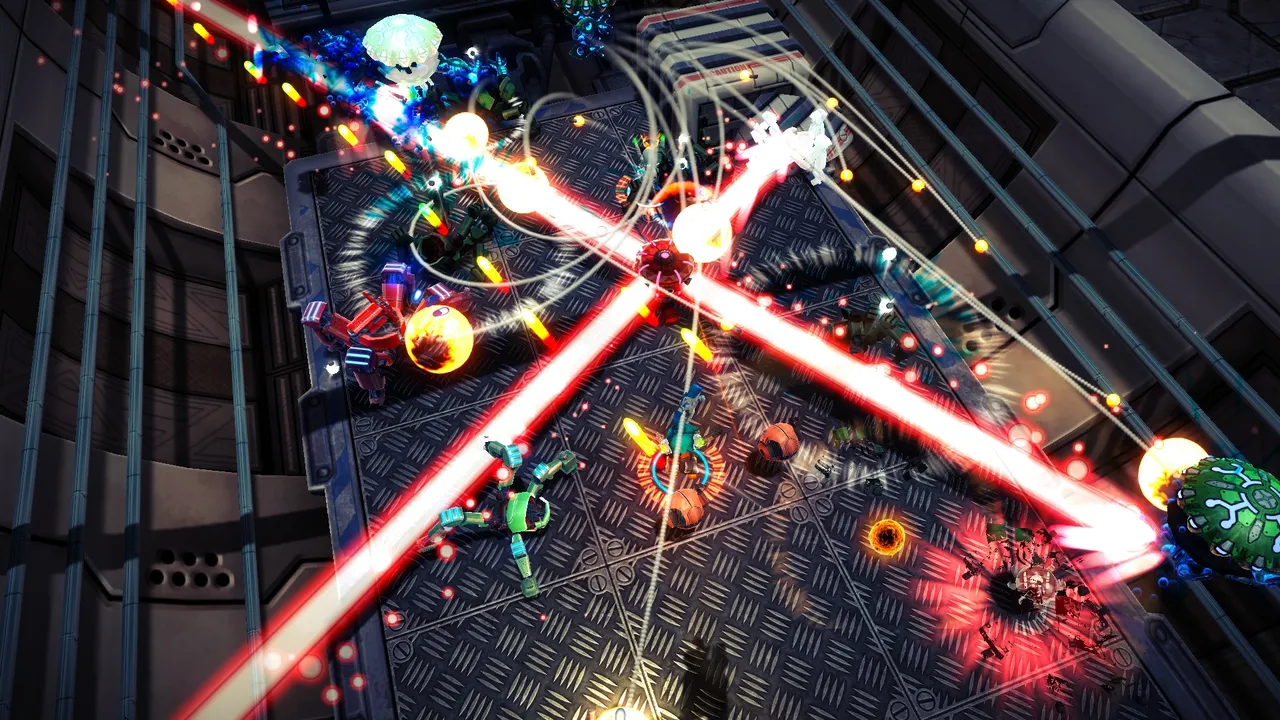 Top-down arena fight with an android firing through crossing red laser beams and swarms of robots