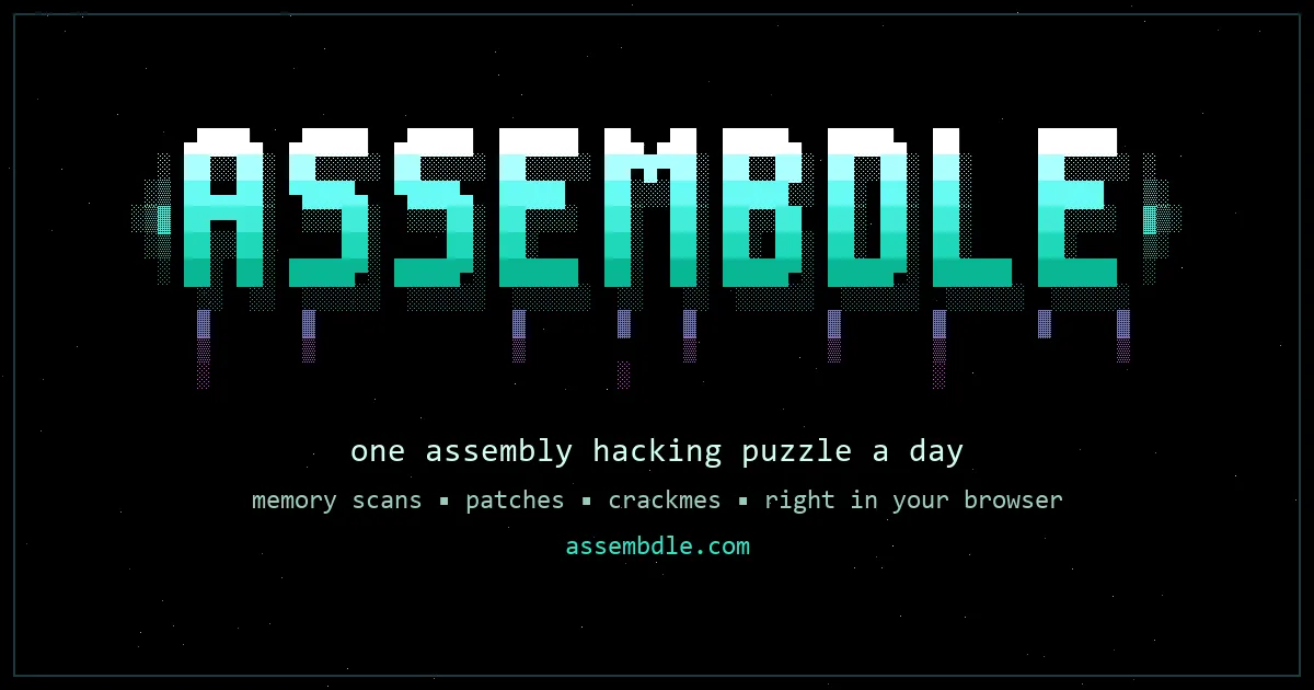 The ASSEMBDLE share card: the game's pixel logo over the line one assembly hacking puzzle a day