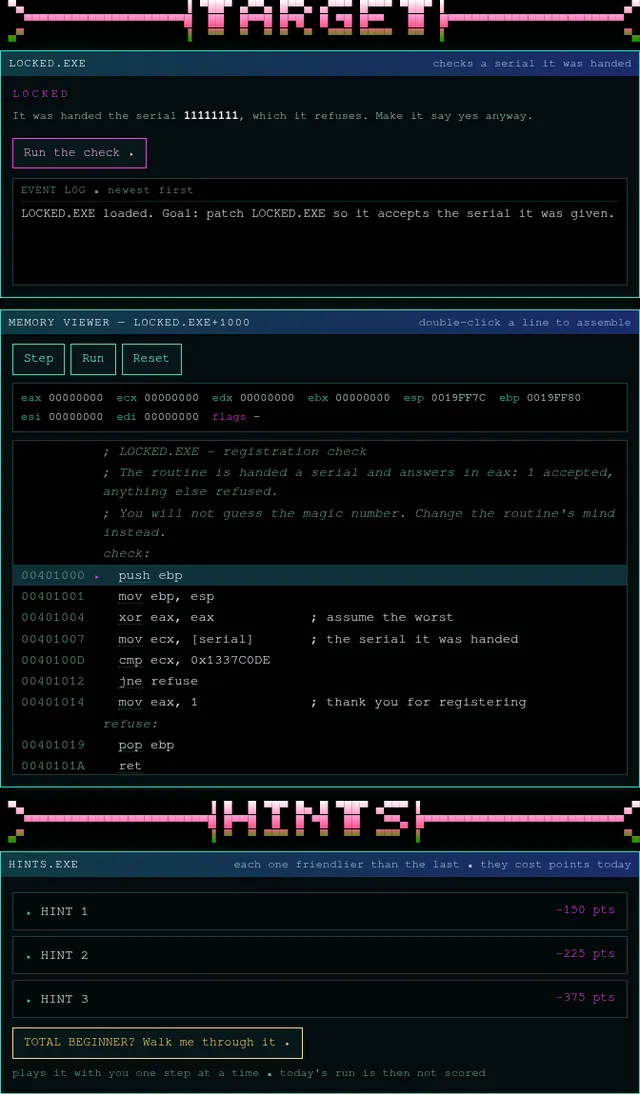 An ASSEMBDLE crackme day: the LOCKED.EXE target, the memory viewer with its assembly routine and registers, and the hint buttons