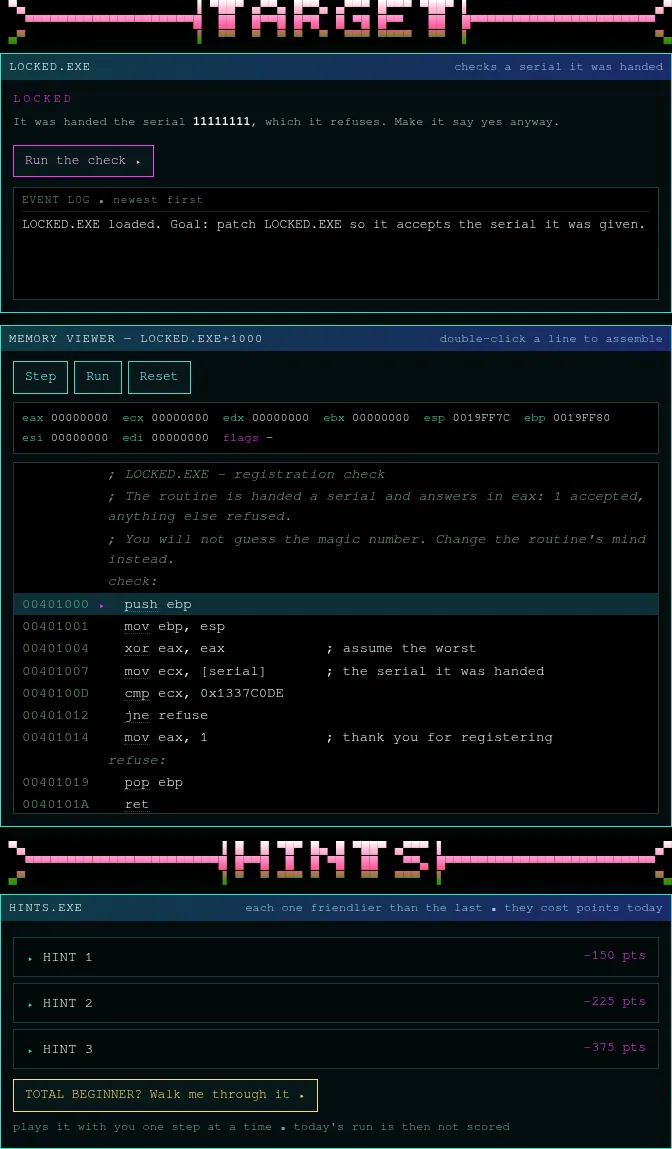 An ASSEMBDLE crackme day: the LOCKED.EXE target, the memory viewer with its assembly routine and registers, and the hint buttons
