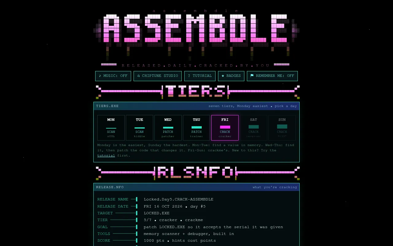 The ASSEMBDLE home page with the weekday tiers from Monday scan to Sunday crack and the day's release notes