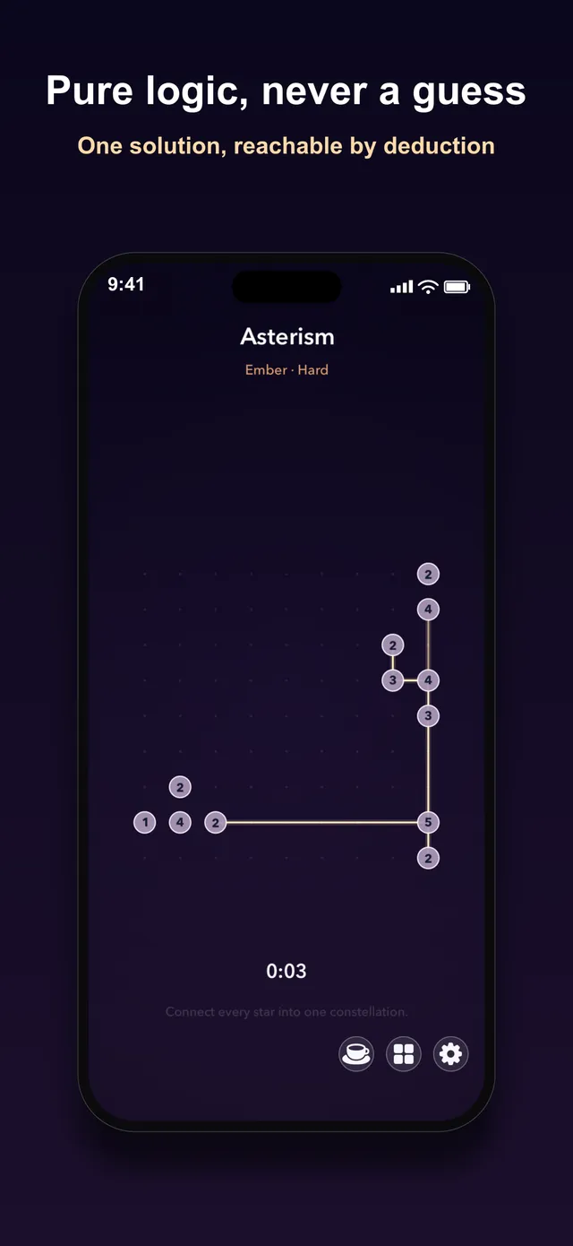 An Asterism board: numbered stars on a dark sky, several joined by straight glowing bridges