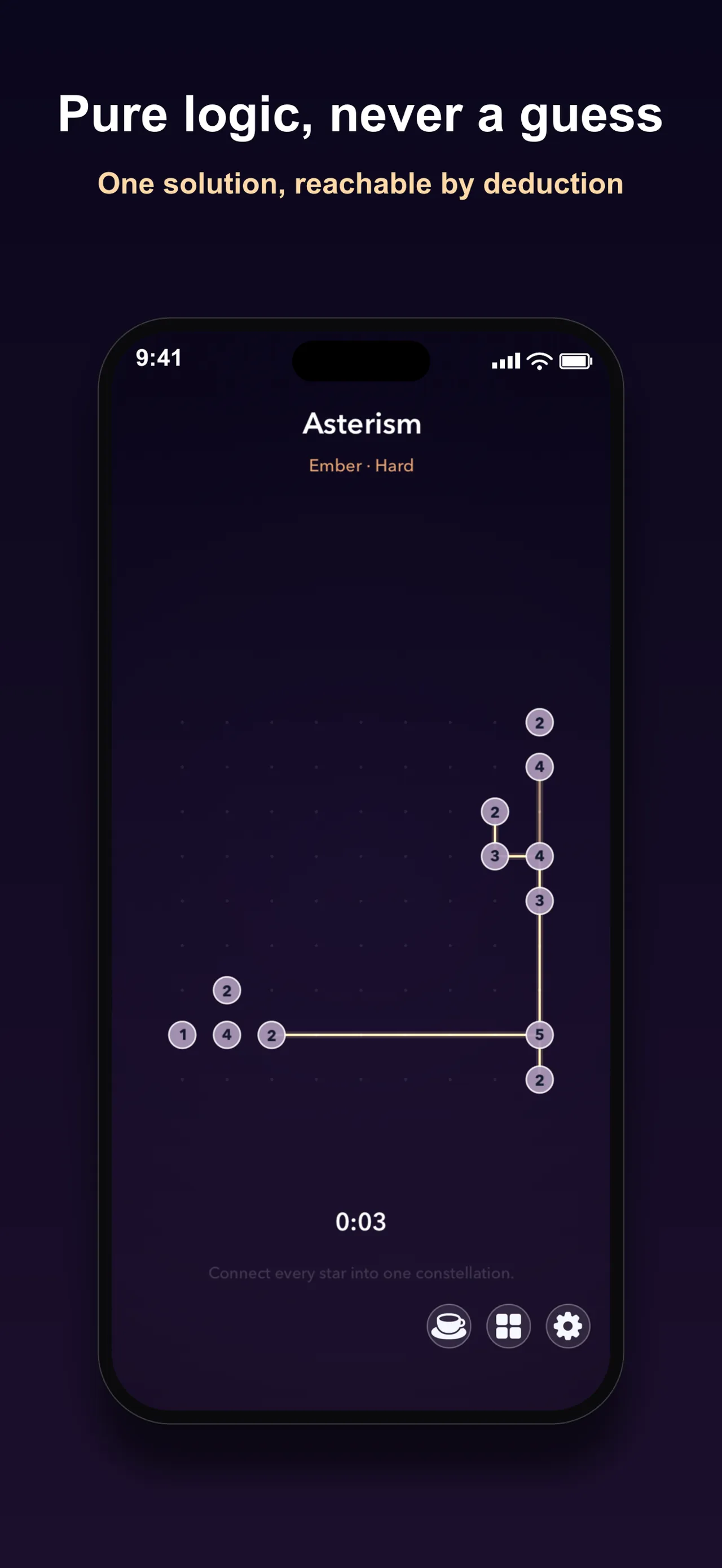 An Asterism board: numbered stars on a dark sky, several joined by straight glowing bridges