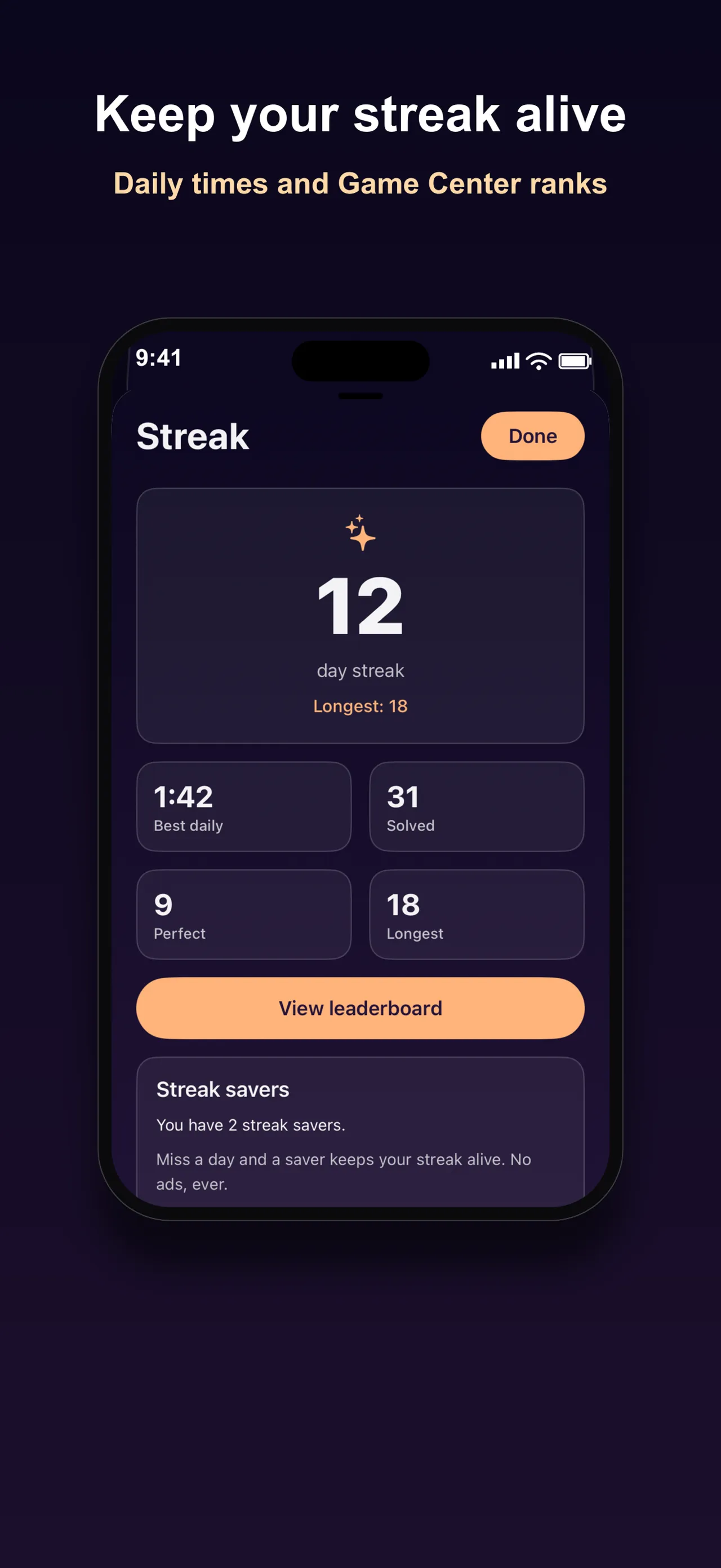 Asterism's streak page with a 12-day streak, best daily time, solved count and streak savers