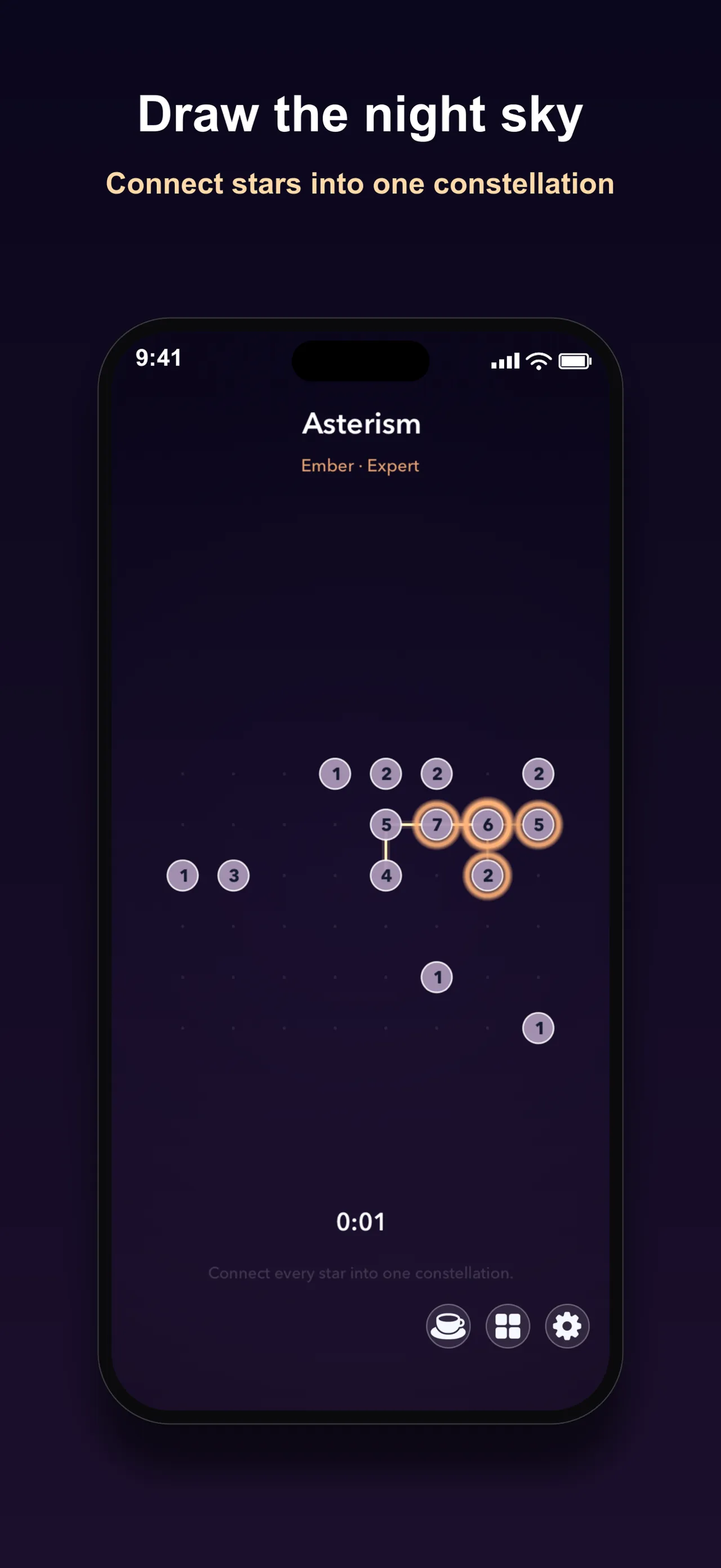 An Asterism expert board early in play, with a few glowing stars linked