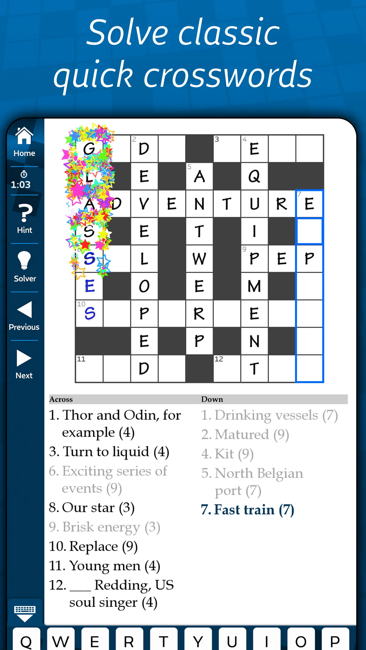 A quick crossword in Astraware Crosswords with the grid, a timer and Across and Down clues