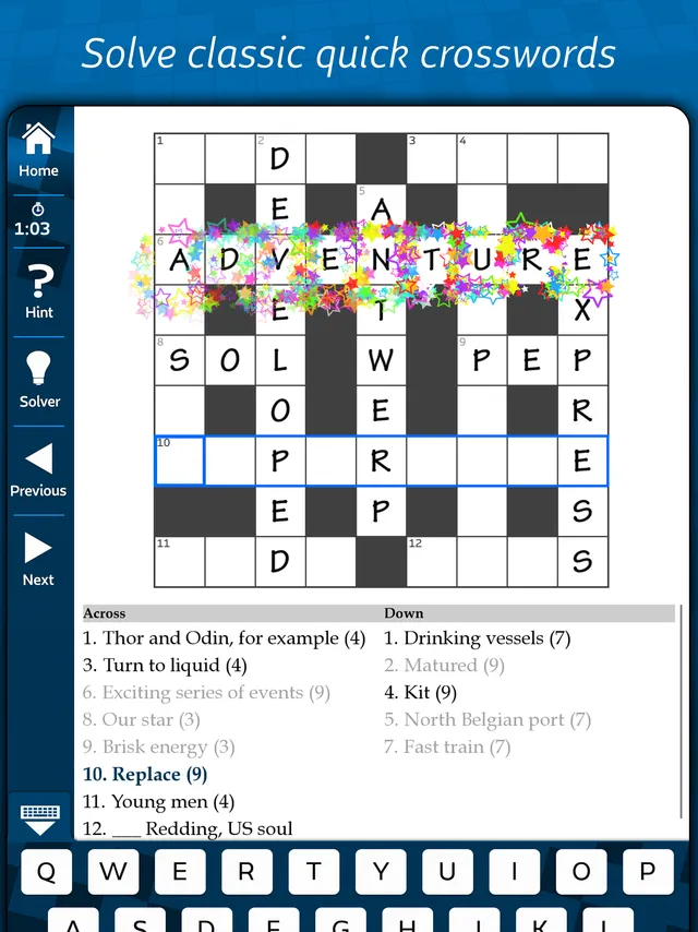 Astraware Crosswords on iPad: a quick crossword grid half filled, with the timer, Hint and Solver buttons and the Across and Down clues