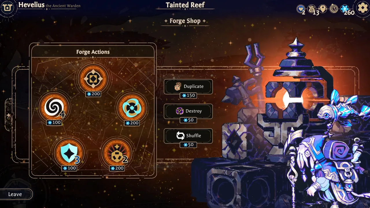 Astrea: Six-Sided Oracles Forge Shop in Tainted Reef: forge actions to add to a die, with duplicate, destroy and shuffle options