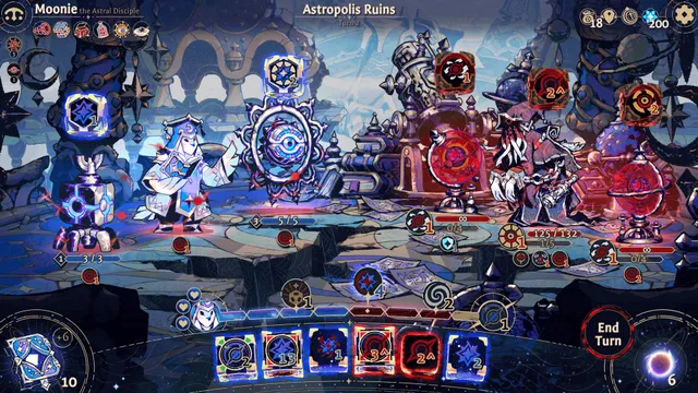 Astrea: Six-Sided Oracles combat in Astropolis Ruins: Moonie and a Sentinel face corrupted enemies, with rolled dice in a row along the bottom