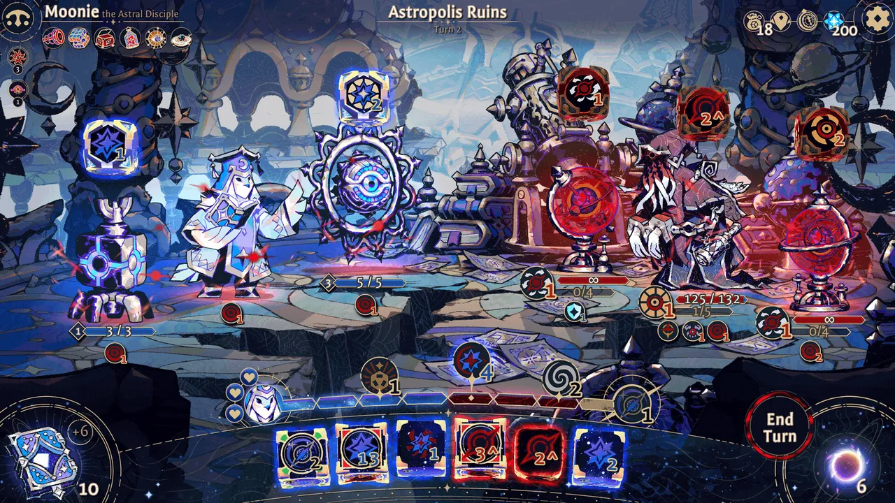 Astrea: Six-Sided Oracles combat in Astropolis Ruins: Moonie and a Sentinel face corrupted enemies, with rolled dice in a row along the bottom