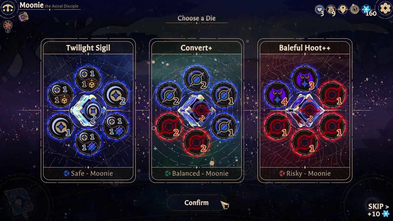 Astrea: Six-Sided Oracles reward screen: choose one of three new dice, safe, balanced or risky, each showing its six faces