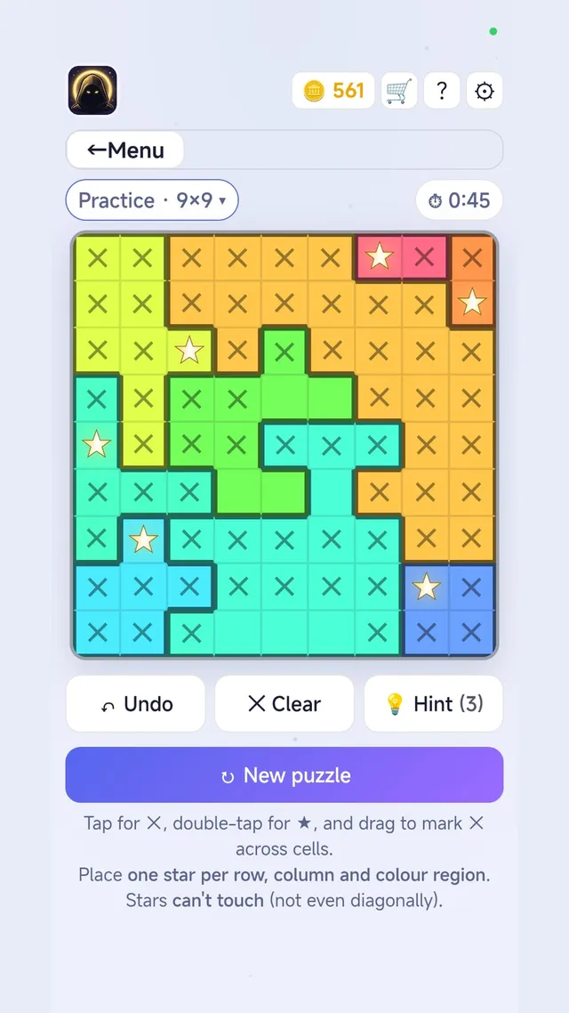 An Astrella 9x9 Star Battle board in practice mode: coloured regions with stars placed and X marks filling the other cells, with Undo, Clear and Hint buttons below