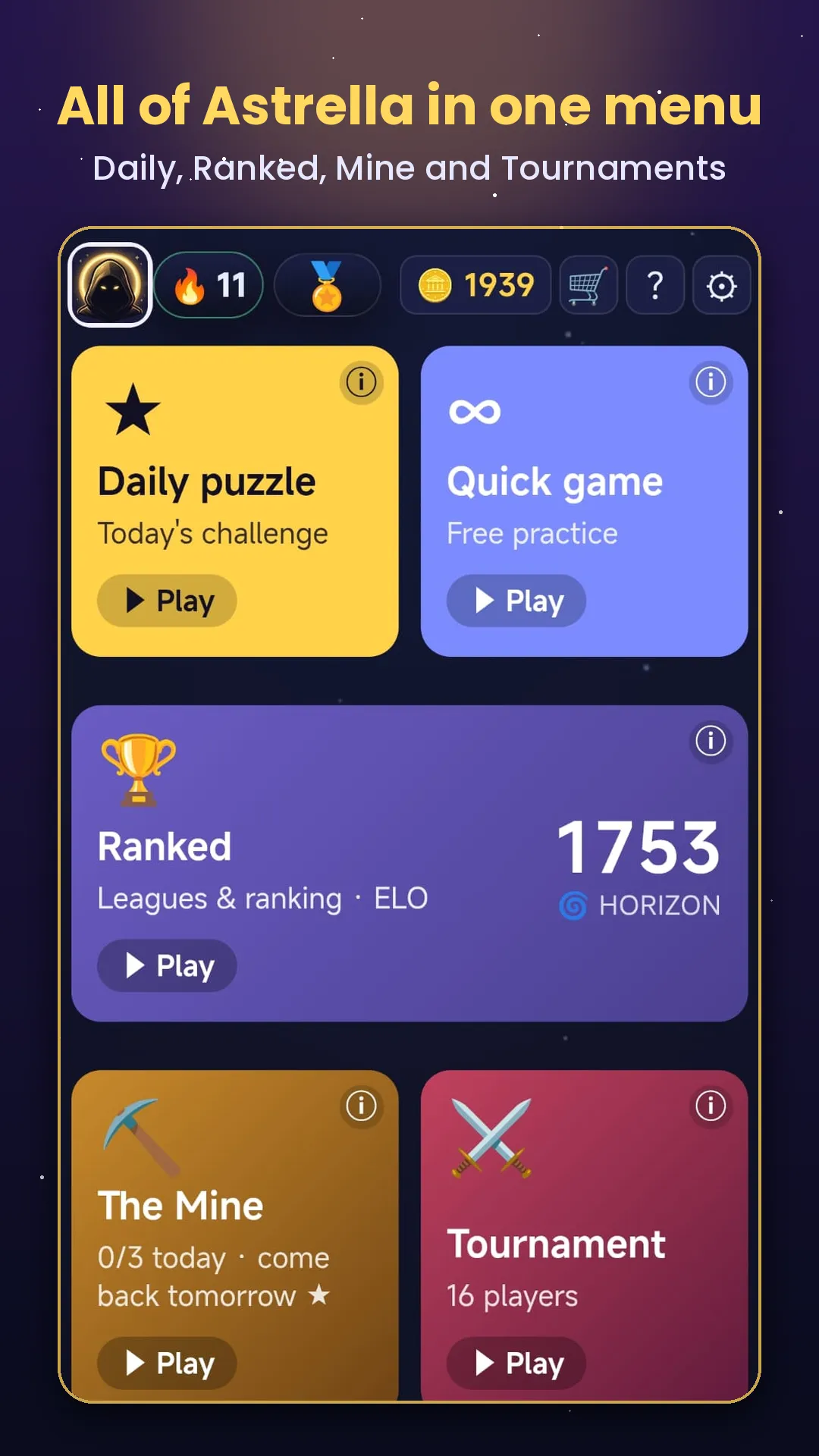 The Astrella main menu with Daily puzzle, Quick game, Ranked, The Mine and Tournament tiles, a streak of 11 and a coin balance