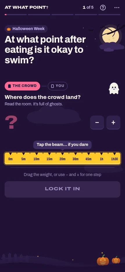 At What Point? on a phone: the same swim question with the crowd and you steps, the yellow beam and the Lock it in button