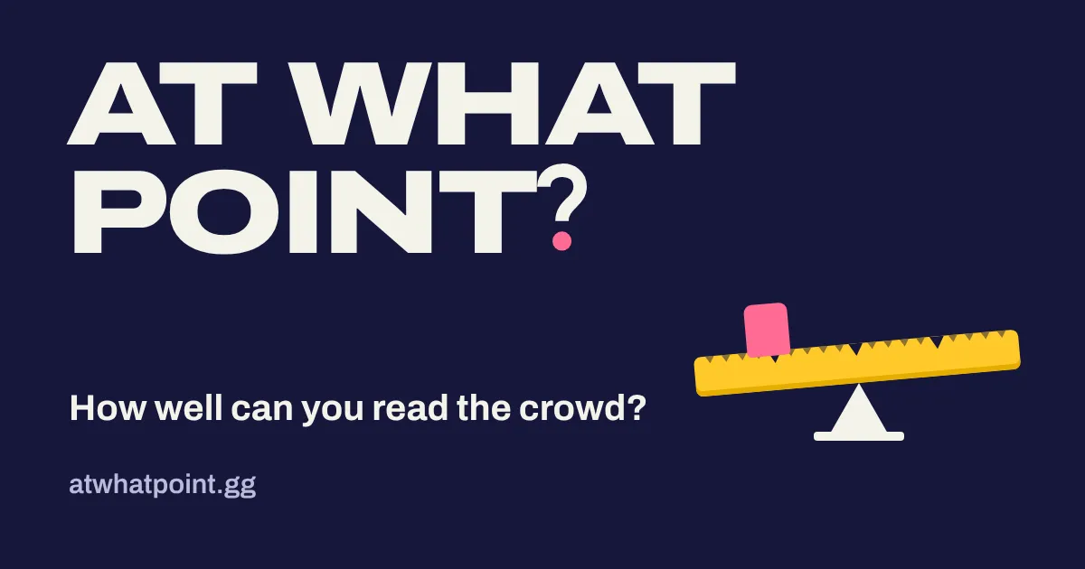 At What Point? title card with its tagline 'How well can you read the crowd?' and a pink weight on a yellow balance beam