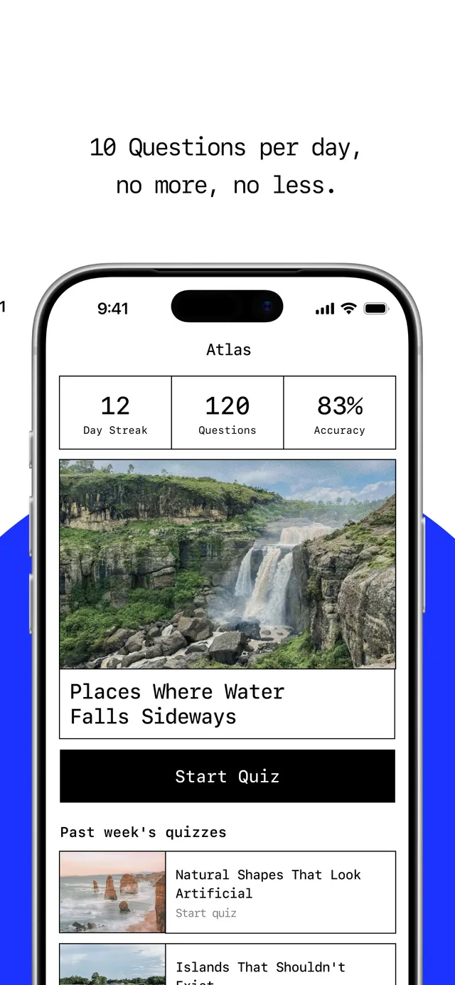 Atlas home screen with a 12 day streak, accuracy figure and today's topic Places Where Water Falls Sideways