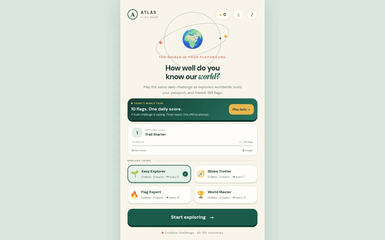 The Atlas menu: Today's World Tour card with 10 flags and one daily score, Play daily, explorer level and day streak, and four endless tours