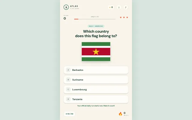 Atlas Daily League, daily flag 1 of 10 in the Americas: the flag of Suriname with Barbados, Suriname, Luxembourg and Tanzania to choose from, three hearts and a 50/50 button