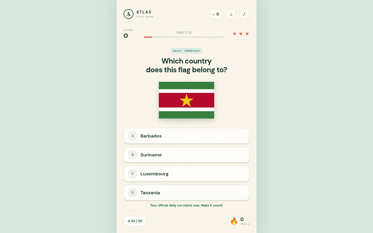 Atlas Daily League, daily flag 1 of 10 in the Americas: the flag of Suriname with Barbados, Suriname, Luxembourg and Tanzania to choose from, three hearts and a 50/50 button