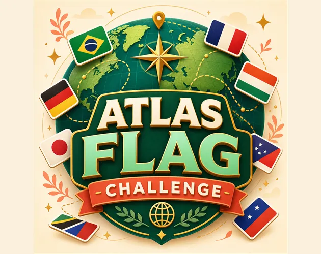 Atlas Flag Challenge cover art: the title over a green globe with a compass star, ringed by flags of Brazil, France, Germany, Japan and others