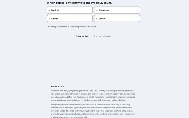 Atlas question on mindloftdaily.com: which capital city is home to the Prado Museum, with Madrid, Barcelona, Lisbon and Seville as options