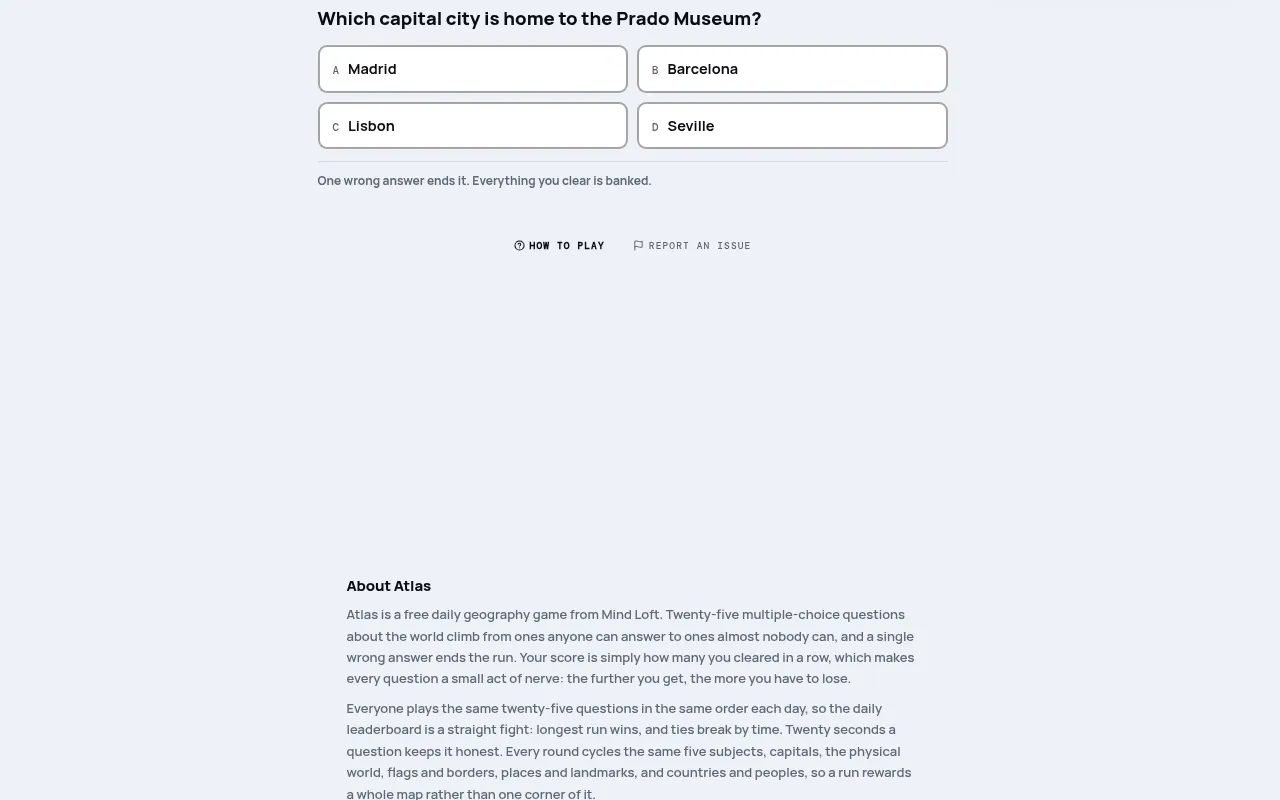 Atlas question on mindloftdaily.com: which capital city is home to the Prado Museum, with Madrid, Barcelona, Lisbon and Seville as options