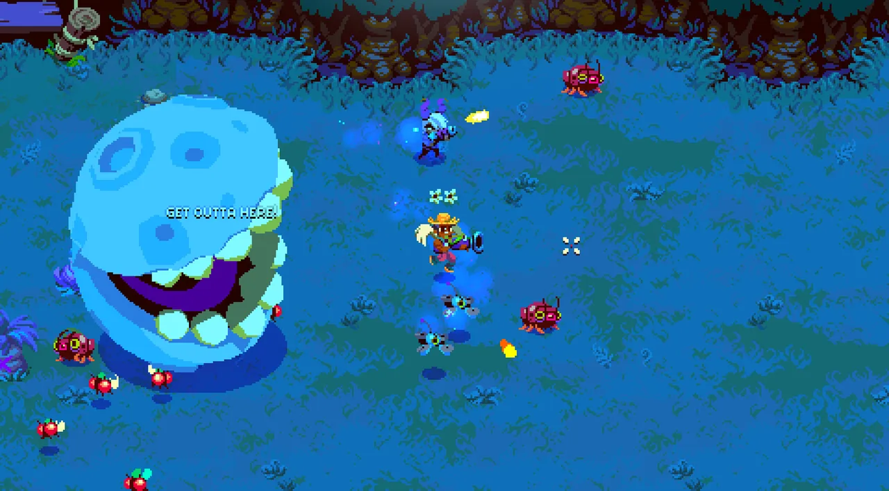 Atomicrops: a giant blue toothy creature shouts get outta here at the farmer and a helper on a blue-lit field