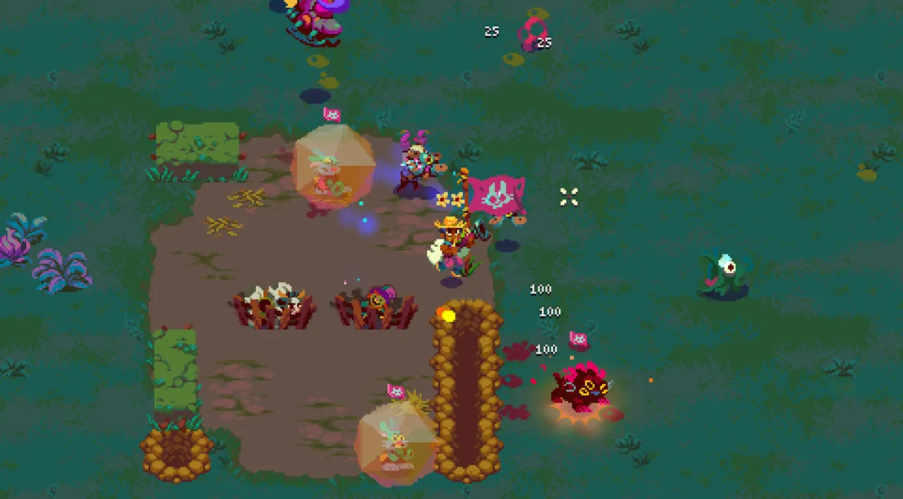 Atomicrops: the farmer shoots mutant pests across a small tilled field at night, damage numbers floating above them