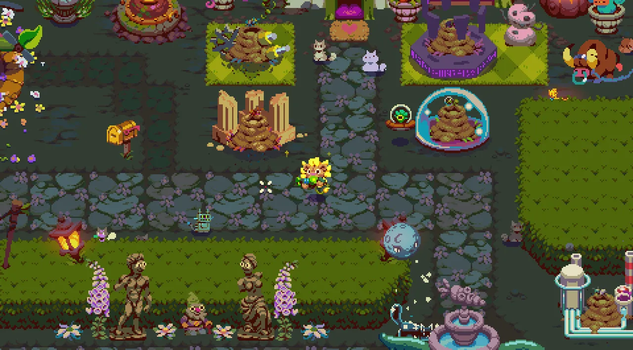 Atomicrops: the homestead with stone paths, statues, cats and decorated plots around the farmer