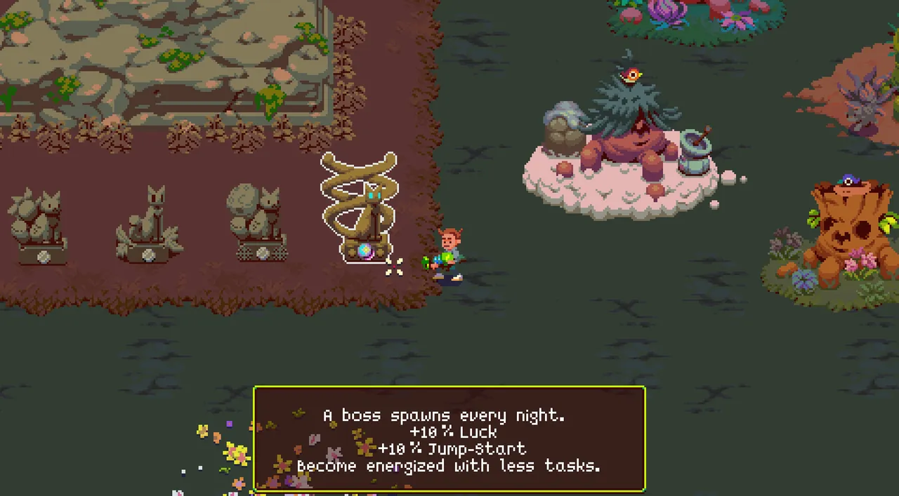 Atomicrops: a row of cat shrines with a tooltip saying a boss spawns every night, +10% luck