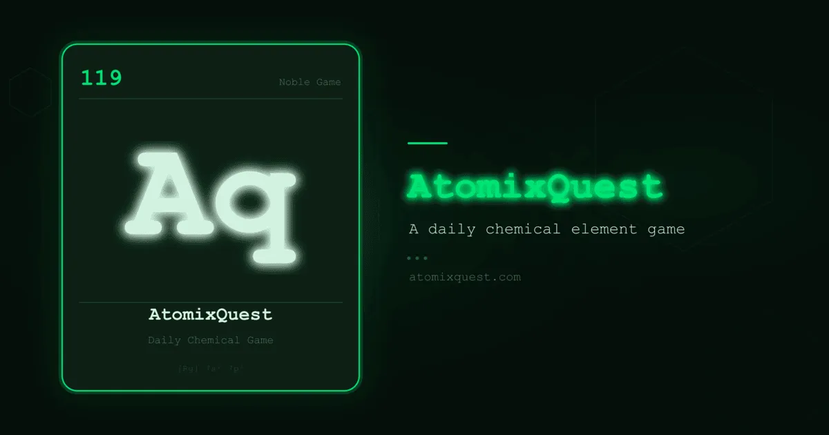 A glowing green periodic table tile for a made-up element 119, Aq, beside the AtomixQuest name and the line A daily chemical element game