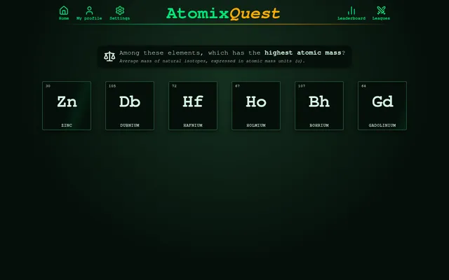 Today's AtomixQuest Maximum round: six periodic table cards, Zn, Db, Hf, Ho, Bh and Gd, under the question which has the highest atomic mass