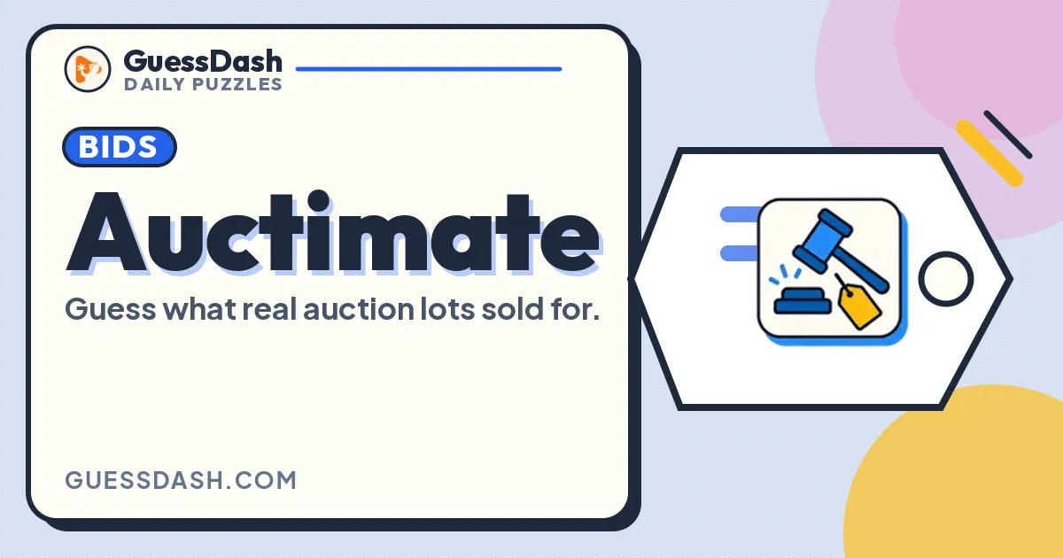 The Auctimate card from GuessDash: the name, the line Guess what real auction lots sold for, and an auction gavel with a price tag
