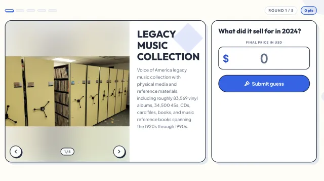 Auctimate board on round 1 of 5: a Voice of America legacy music collection lot with its photo of shelved vinyl records and a box for the final price in US dollars (listdle.com's shot)
