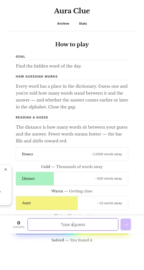 Aura Clue's game column: the How to play rules, example guesses Power about 12000 words away, Dinner about 500 away and Aunt about 10 away with heat bars filling green and yellow, and the guess box be