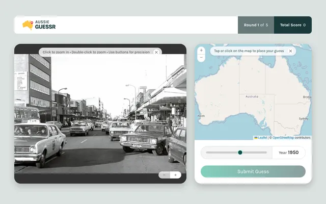 AussieGuessr Daily Challenge for 18 October 2026, round 1 of 5: a black and white street photo with taxis and shopfronts beside a map of Australia and a year slider at 1950