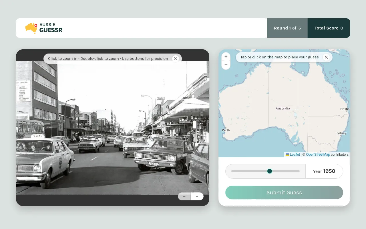 AussieGuessr Daily Challenge for 18 October 2026, round 1 of 5: a black and white street photo with taxis and shopfronts beside a map of Australia and a year slider at 1950