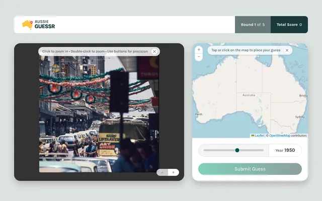 AussieGuessr Daily Challenge, round 1 of 5: a historical street scene with Christmas decorations and a Surf Lifesaver poster beside a map of Australia and a year slider at 1950
